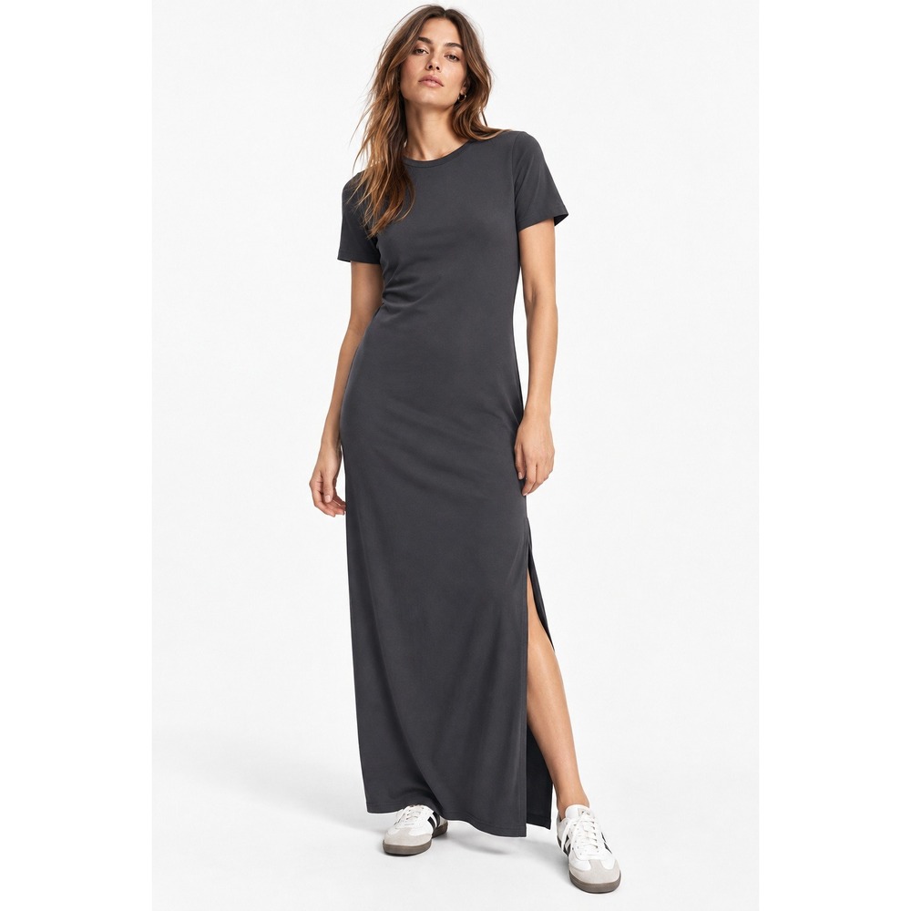 HM Women XS Charcoal Gray Buttery Soft Short Sleeve Side Slit Maxi Dress NWT